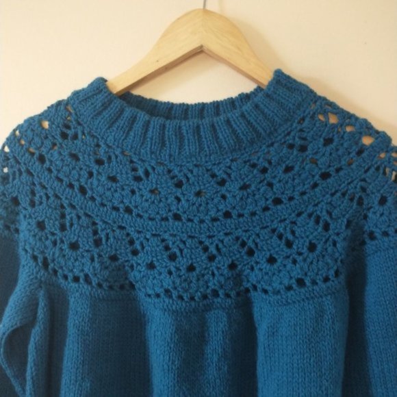 Handmade teal balloon sleeve chunky knit cozy sweater size small - Picture 2 of 4